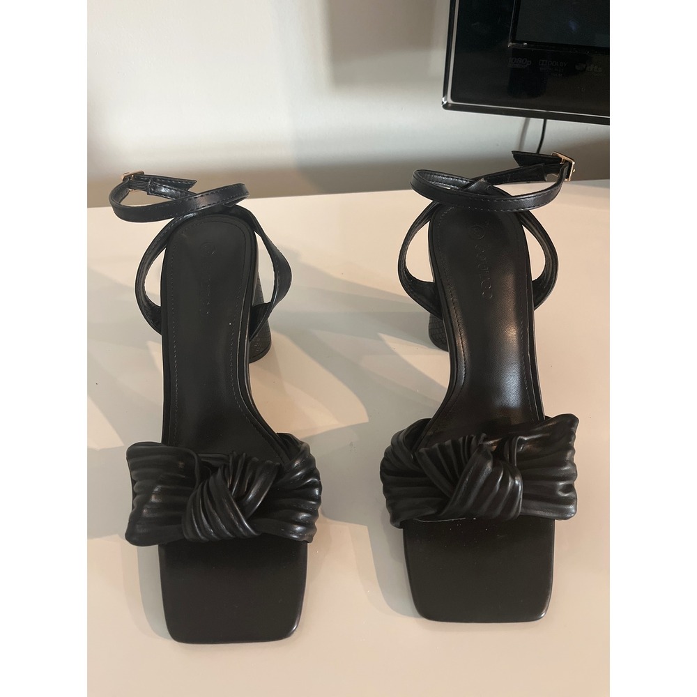 Coutgo Womens Black Knotted Ruched Block Heel Sandals Square Toe Ankle Strap 8